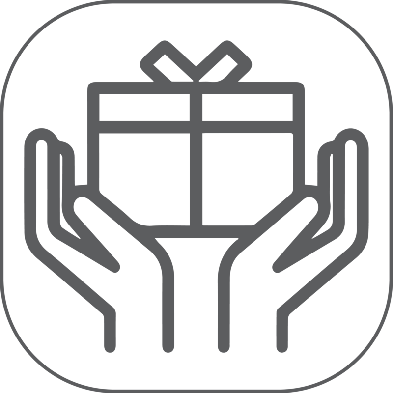 Icon symbolizing careful packaging. Illustration features two hands surrounding a parcel at the center.